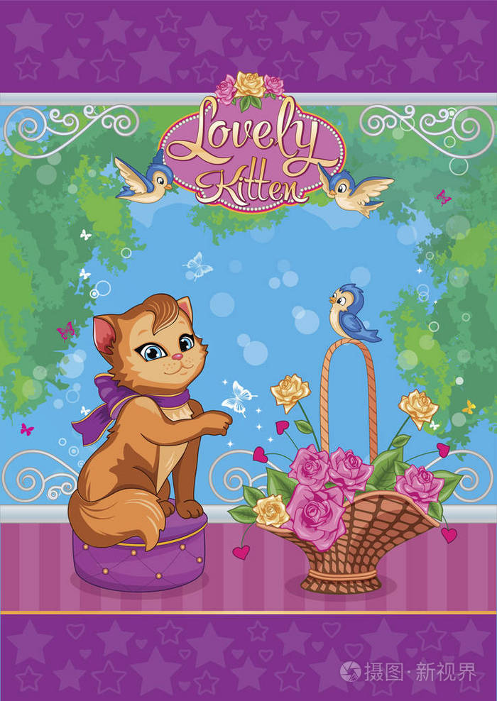 迷人的猫鸟和篮子与玫瑰子插图向量