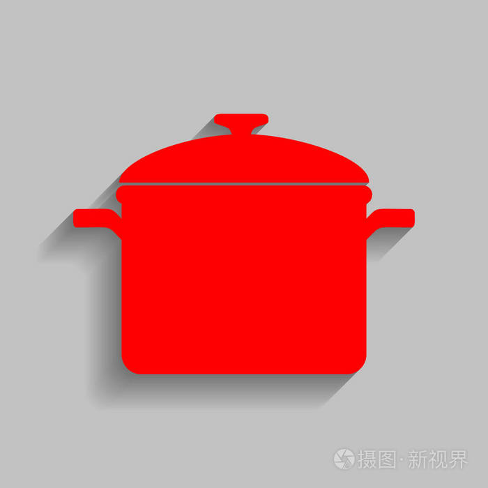 蒸煮锅标志。矢量。与软阴影在灰色的背景上的红色图标