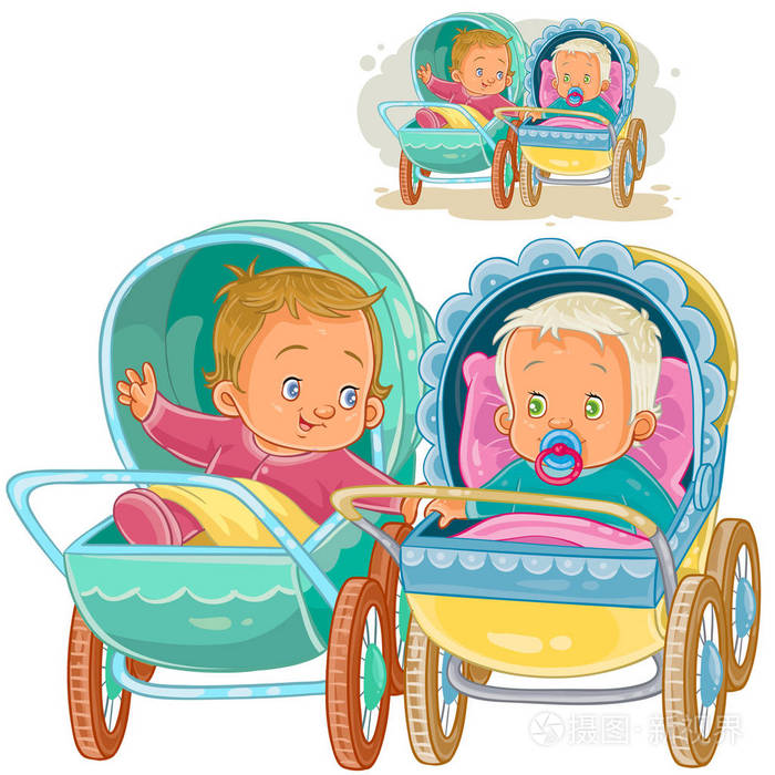 矢量图的两个小宝宝躺在婴儿车中,试图通过沟通插画-正版商用图片0oh