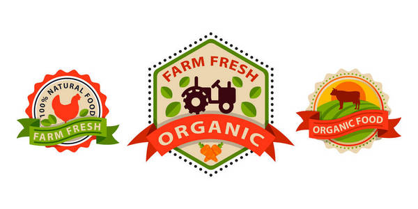 平面样式的生物有机生态健康食品标签标识模板和老式素食主义者农场元素在绿色橙色徽章矢量图