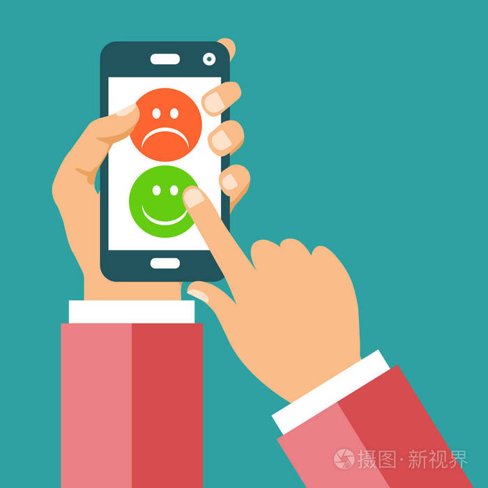 反馈,推荐信息和通知的概念.智能手机上的笑脸.良好的和坏的客户审查.