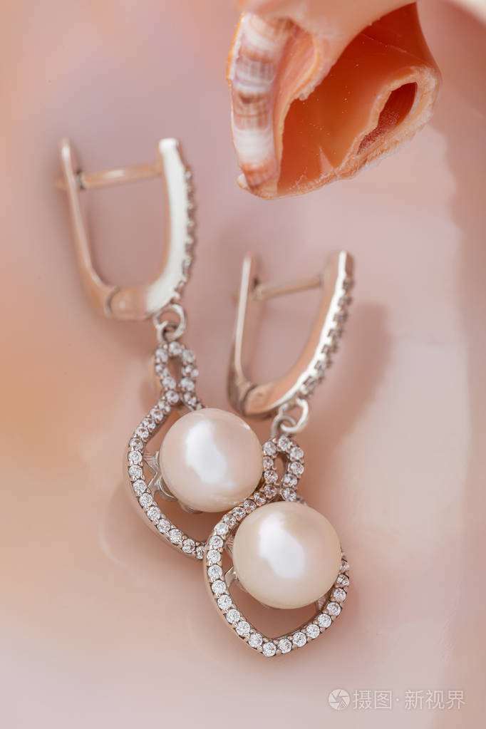 贝壳内镶有珍珠和钻石的典雅银色耳环自然背景下的奢侈品首饰