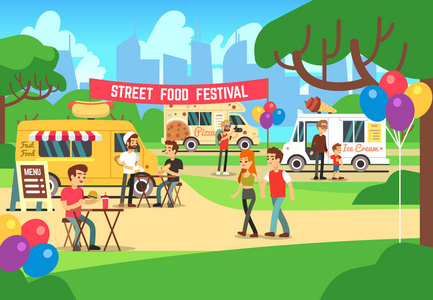 美食车卡通街美食节与人和卡车矢量背景照片