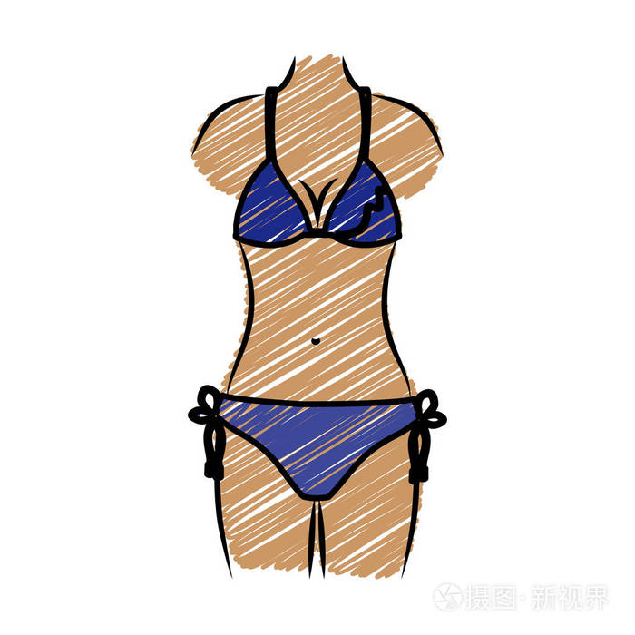 彩色铅笔绘图的深蓝色的比基尼的女人