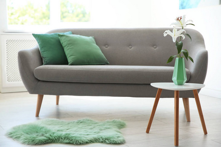 时尚的客厅内饰与沙发和薄荷装饰元素