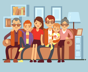 快乐的家庭坐在沙发上.爷爷奶奶, 父母和孩子平矢量插画照片