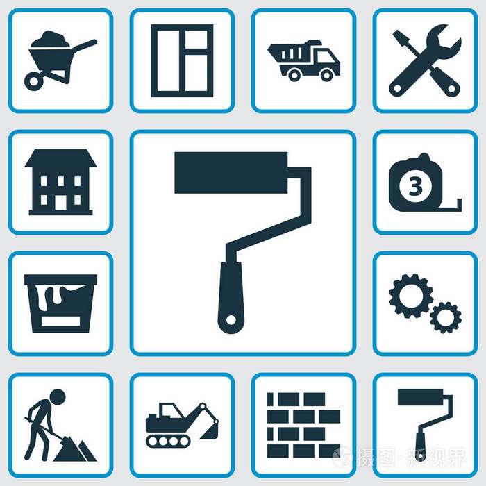 施工图标设置.命运的齿轮,挖掘机, 家园和其他元素的集合.