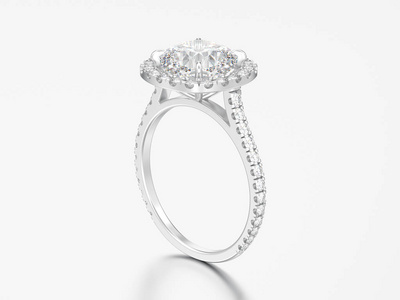 3d 插图银订婚婚礼垫灰色背景钻石戒指