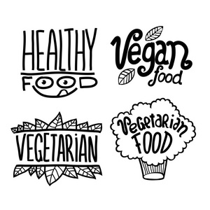 卡通涂鸦矢量手画标识贴纸。健康食品纯素食食品素食素食食品