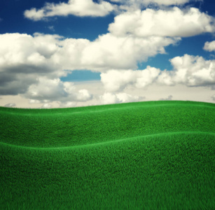 天空和草的背景下，清新的绿色田野。3d 渲染
