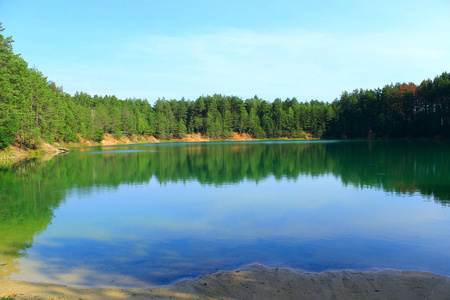 美丽的森林湖与翡翠水在松树林。自然景观。水全景。狂野的本性。森林湖水中有松树的蓝水。美丽的风景与木湖