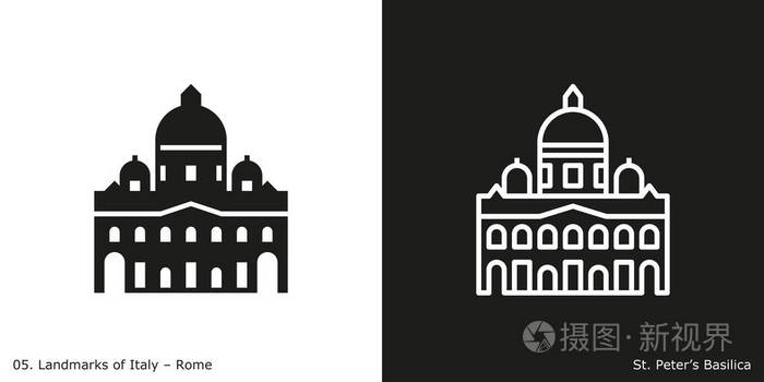 圣彼得斯大教堂图标.罗马著名地标建筑的字形和线型图标
