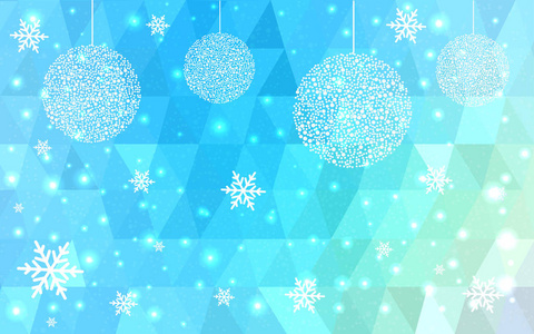 浅蓝色绿色矢量圣诞明信片低多边形背景。插图由三角形组成。抽象的三角形多边形折纸或水晶设计的新年庆祝活动