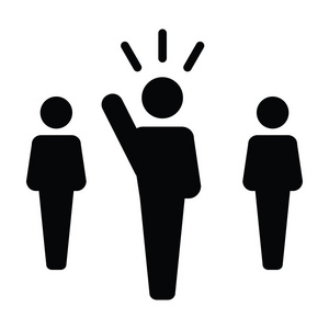 领导图标矢量男性公共演讲人标志为领导与举手在标志符号象形文字插图