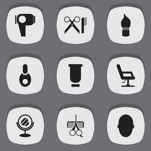 9 可编辑理发师图标集。包括大脑 肘的椅子 磨砂等符号。可用于 Web 移动 Ui 和数据图表设计