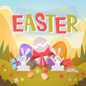 兔子复活节假期兔子装饰蛋贺卡