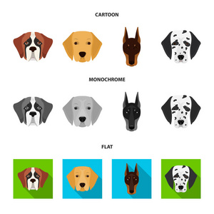 不同品种的狗的枪口。犬的品种 st. 伯纳德, 金猎犬, 猎犬, 达尔马提亚集合图标在卡通, 平, 单色风格矢量符号股票插画网站
