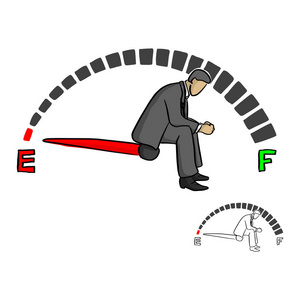 有压力的商人坐在燃料表符号矢量插图草图涂鸦手绘制与黑色线隔离在白色背景上