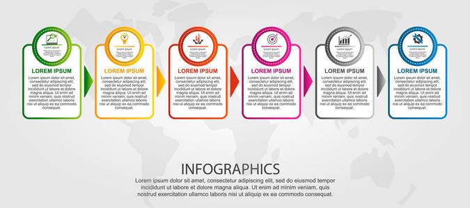 现代矢量插画3d。图表的圆形和矩形模板, 有六个元素和箭头。专为商务演示网页设计图6步而设计。逐步