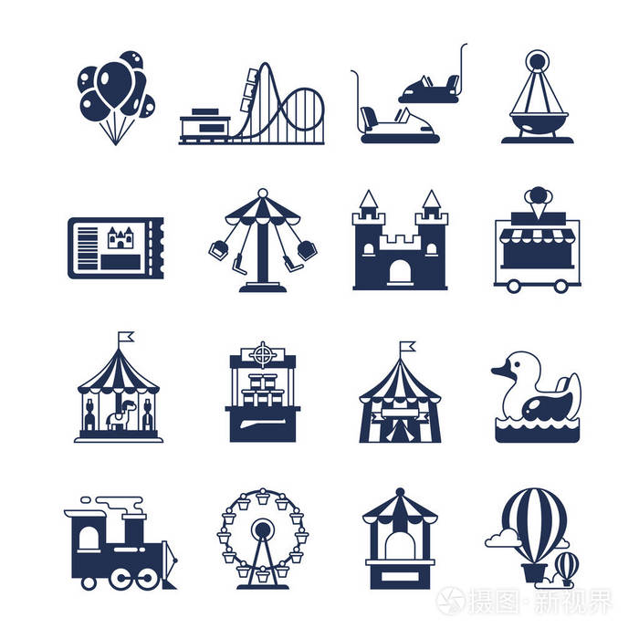 嘉年华在游乐园与旋转木马和马戏团.景点矢量图标