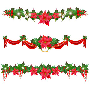 圣诞花环与一品红花分离在白色背景, 载体, 例证
