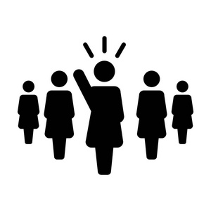 领导图标矢量女性公共演讲人标志为领导与举手在标志符号象形文字插图