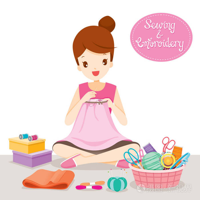 手工刺绣箍女人缝制衣服插画-正版商用图片0oiwmc-摄图新视界