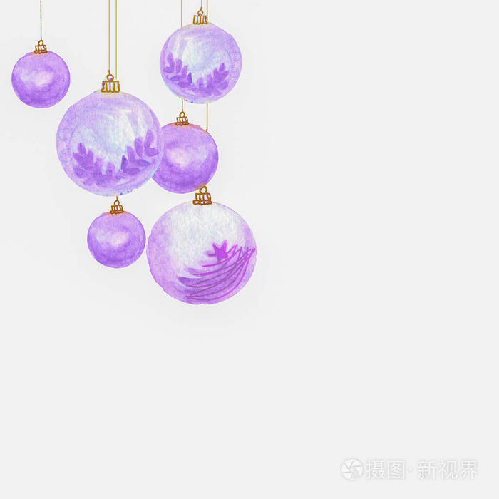 水彩挂紫色圣诞球与黄金线