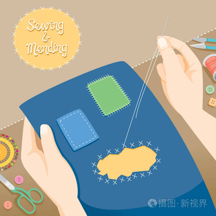 人们手打补丁的衣服,在刺绣箍