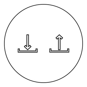 在圆圈轮廓矢量插图图像中签名上载和下载黑色图标