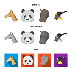 熊猫, 长颈鹿, 河马, 企鹅, 逼真的动物集合图标在卡通, 平, 单色风格矢量符号股票插画网站