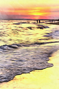 美丽的日落在海边五彩缤纷的画