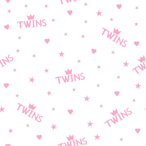 无缝图案与粉红色的字双胞胎, 皇冠, 心和星星。矢量插图