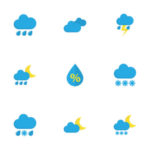 气象平面图标设置。雨 闪电 下降和其他元素的集合。此外包括符号如月亮，滴，闪光