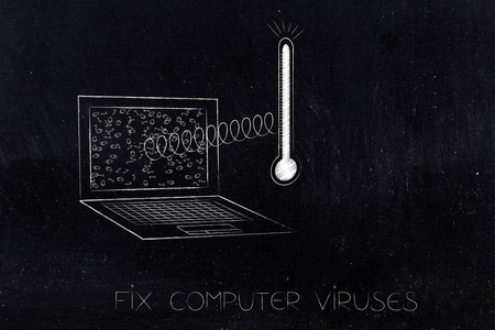 如何防止或修复计算机病毒概念图 带有温度计的笔记本电脑在屏幕上弹出和凌乱的二进制代码