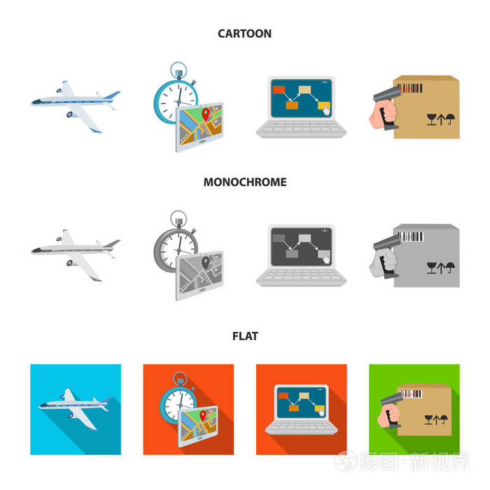 运输飞机, 准时交货, 计算机核算, 控制和核算货物。物流和配送集合图标在卡通, 平, 单色风格等距矢量符号股票