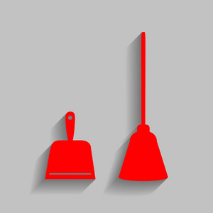 簸箕矢量符号。勺的清理垃圾家务簸箕设备。矢量。与软阴影在灰色的背景上的红色图标