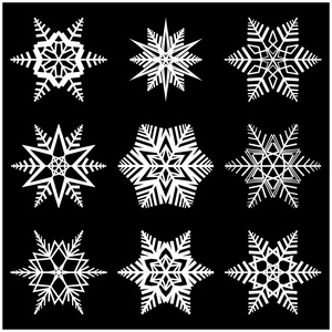 雪花矢量符号轮廓设计。黑色背景上孤立的圣诞冬季图标图