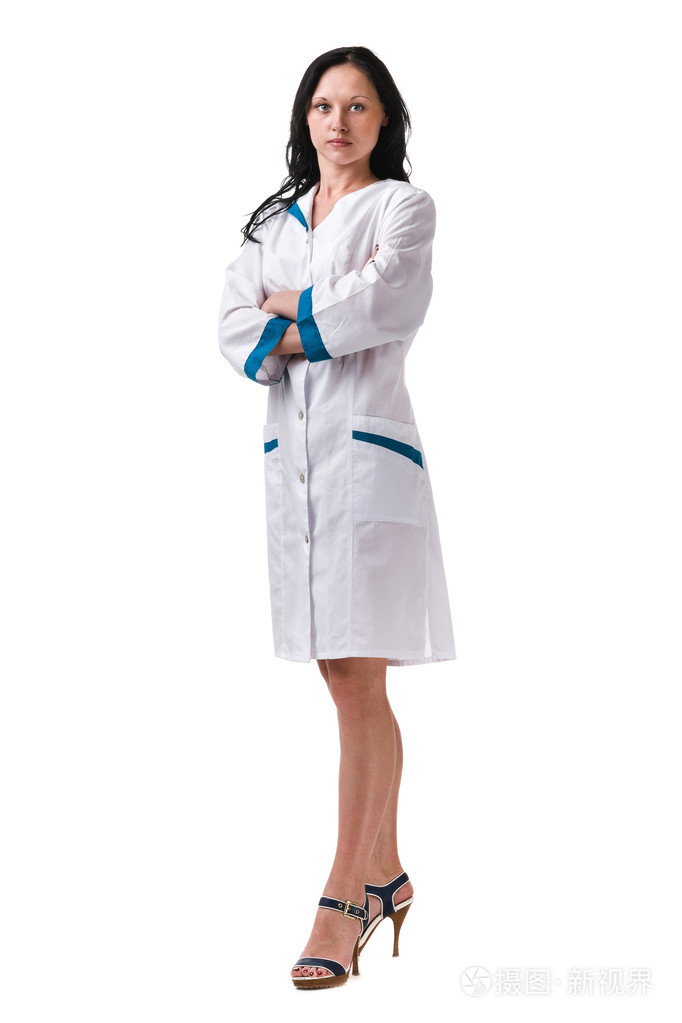 护士或年轻医生站在全身孤立在白色背景