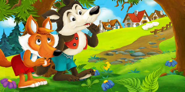 狼和狐狸在草地上照片