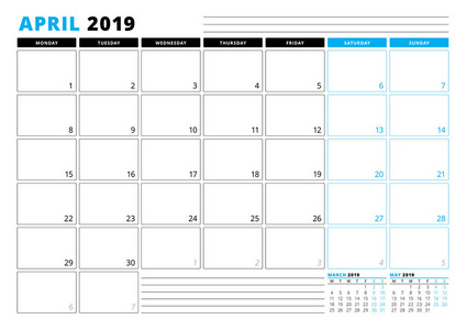 2019年4月的日历模板。业务规划器模板。文具设计。星期从星期一开始。在页面上3月。矢量插图