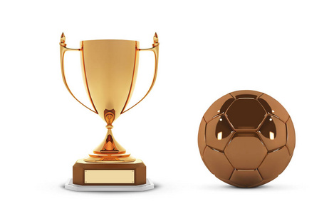 现实的金色奖杯与金球杯。优胜者杯子和橄榄球球。闪亮的金色3d 奖杯奖在木制架子上的足球。矢量插图