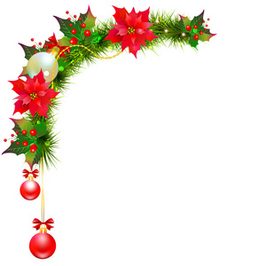 圣诞花环与一品红花分离在白色背景, 载体, 例证
