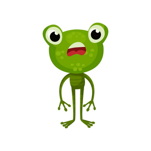 卡通人物的青蛙与震惊的脸表达有大脑袋的绿色两栖动物