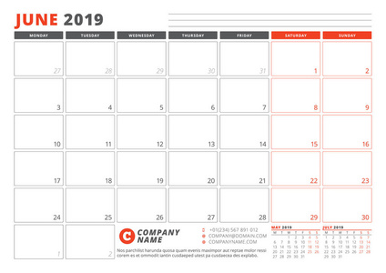 2019年6月的日历模板。业务规划器模板。文具设计。星期从星期一开始。在页面上3月。矢量插图