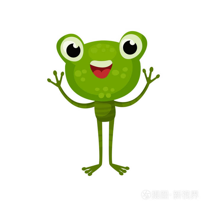 可爱的青蛙, 表情开朗.卡通人物的友好绿蟾蜍与爪子.儿童书籍平面矢量