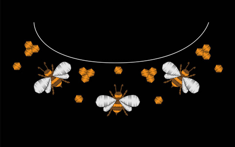 刺绣针模仿蜜蜂。刺绣图案与昆虫。织物餐巾等装饰用矢量刺绣模板