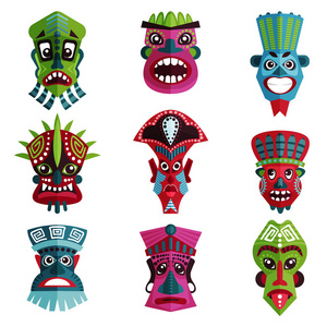 的插图集非洲工艺巫毒部落面具和印加南美文化图腾符号向量集摩洛哥