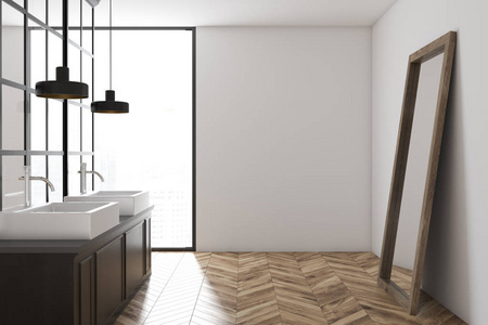 白色墙壁浴室内饰与金属装饰的细节, 一个木地板和一个双水槽与镜子站在附近。侧面视图。3d 渲染模拟