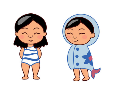 矢量卡通亚洲儿童在海滩上: 一个女孩穿着 smiwear 和一个穿浴衣的
